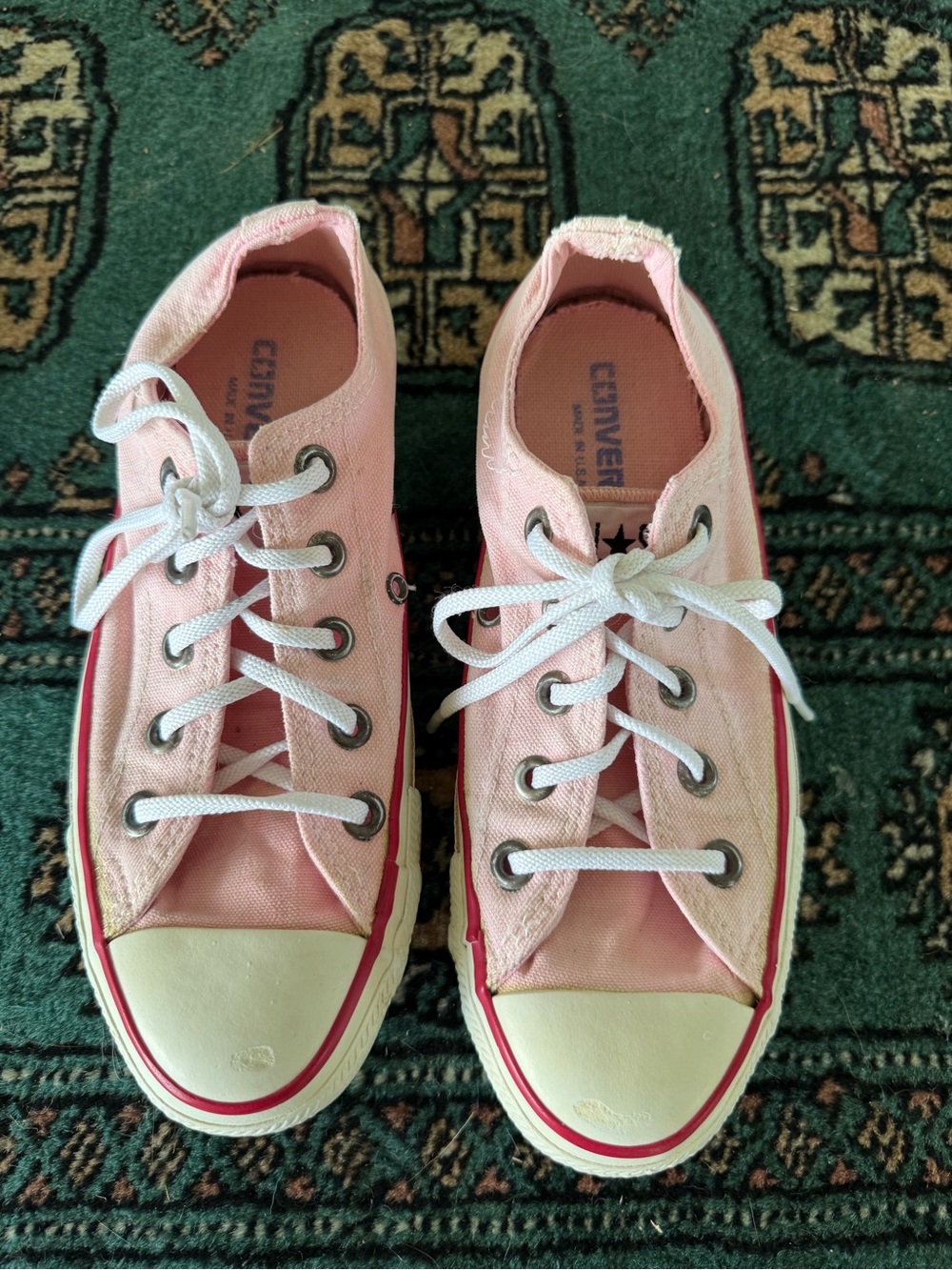 Vintage Converse Pink Canvas Low Top Sneakers / Red Trim size 6 1/2 Rare Color